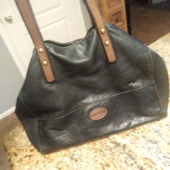 Fossil Black and Brown Pebble Leather Women's Tote Shoulder Bag - Picture 7 of 16